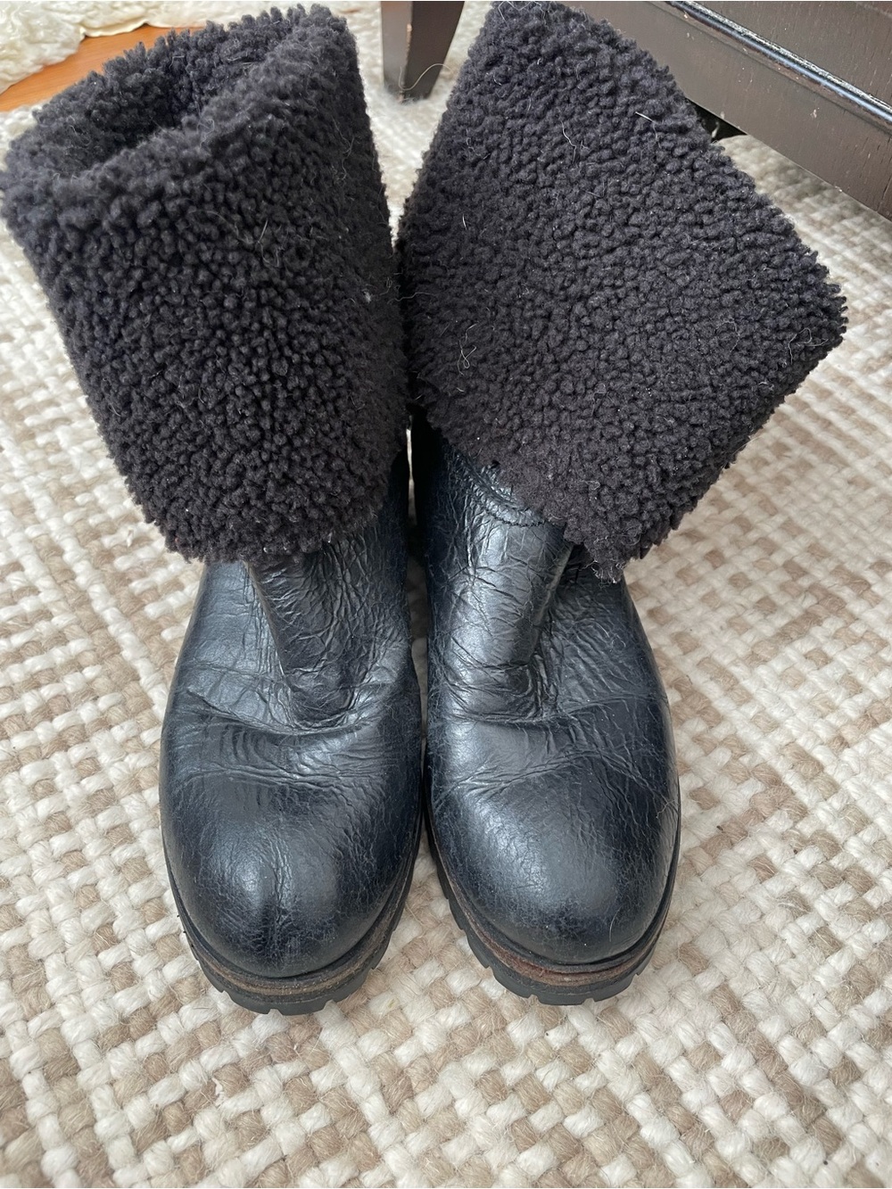 Prada Women's Black Shearling Cuff Leather Ankle Boots - Picture 2 of 4
